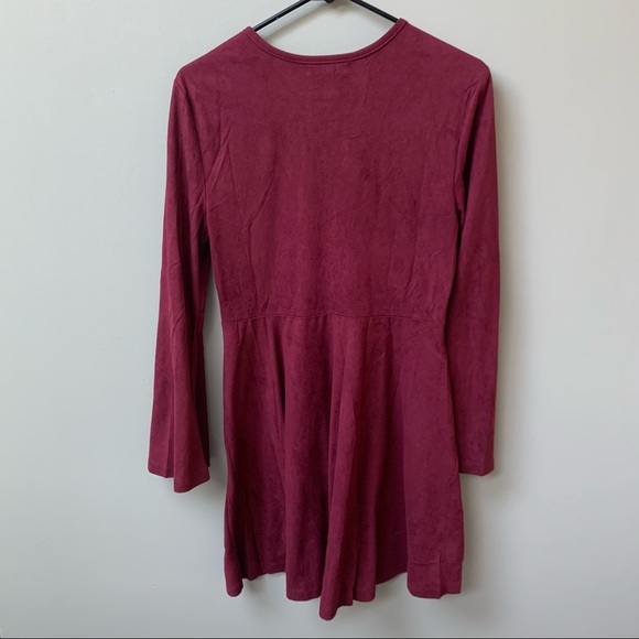Maroon Suede Lace Up Bell Sleeve Dress - Picture 6 of 7